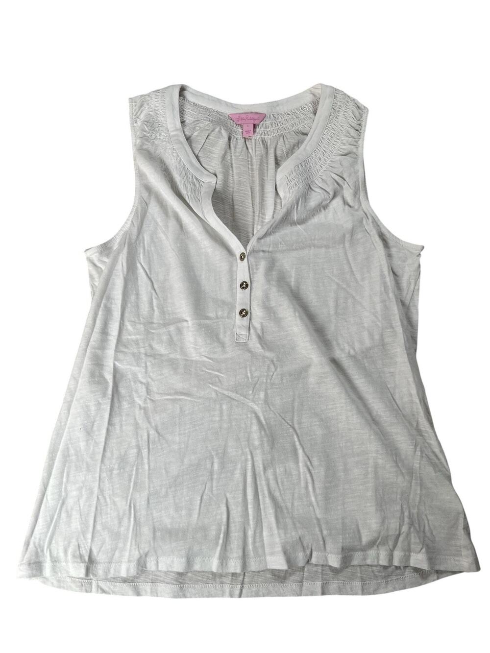 Lilly Pulitzer Tank Womens L White Henley Button 100% Cotton Jersey Lightweight